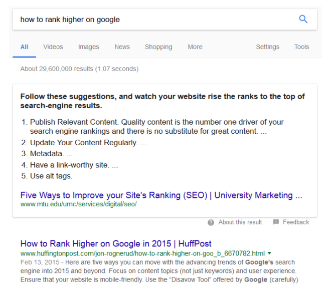 Screenshot of tips to rank higher on google