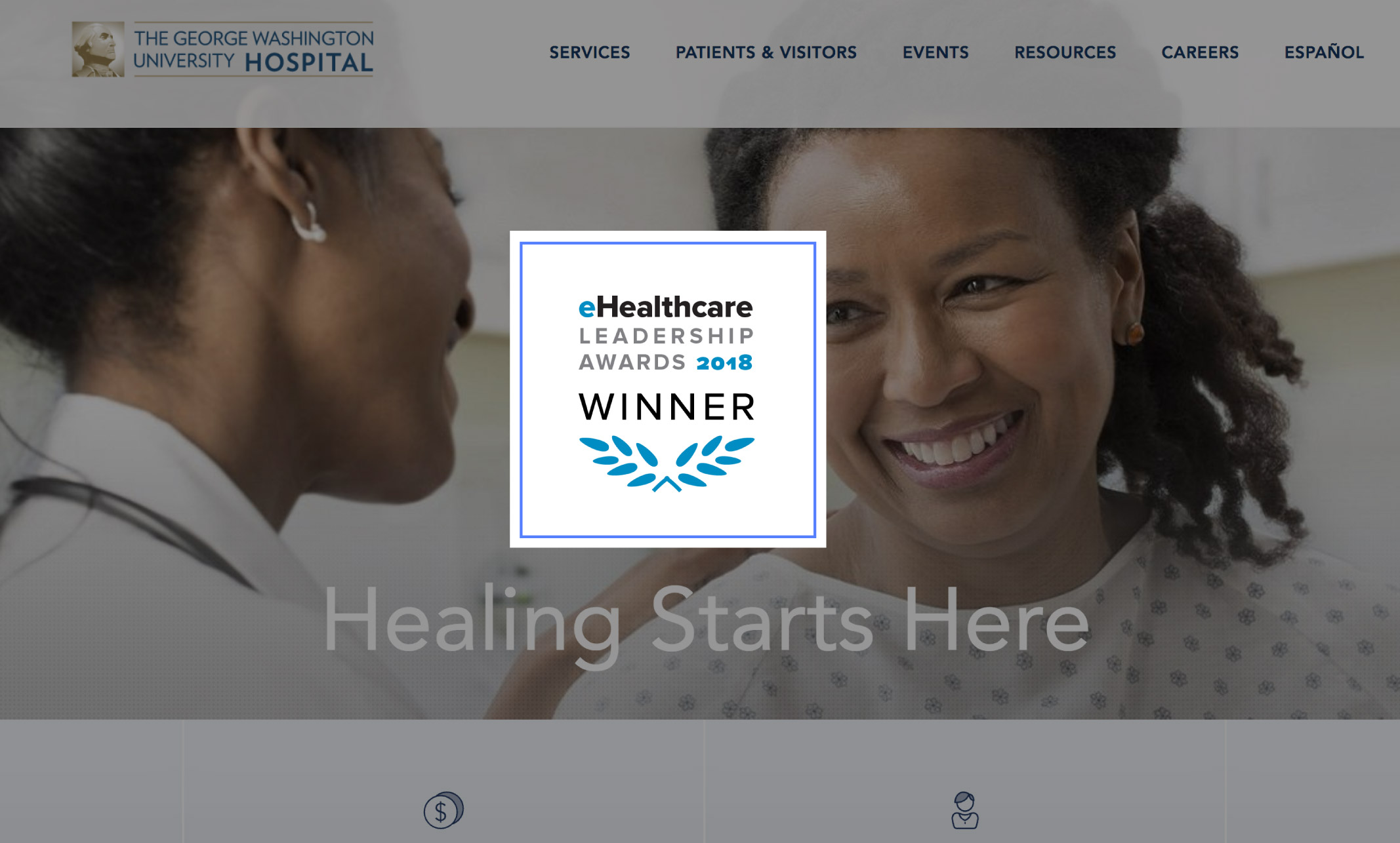 eHealthcare Leadership Award Winner logo overlaid on George Washington Hospital website interface