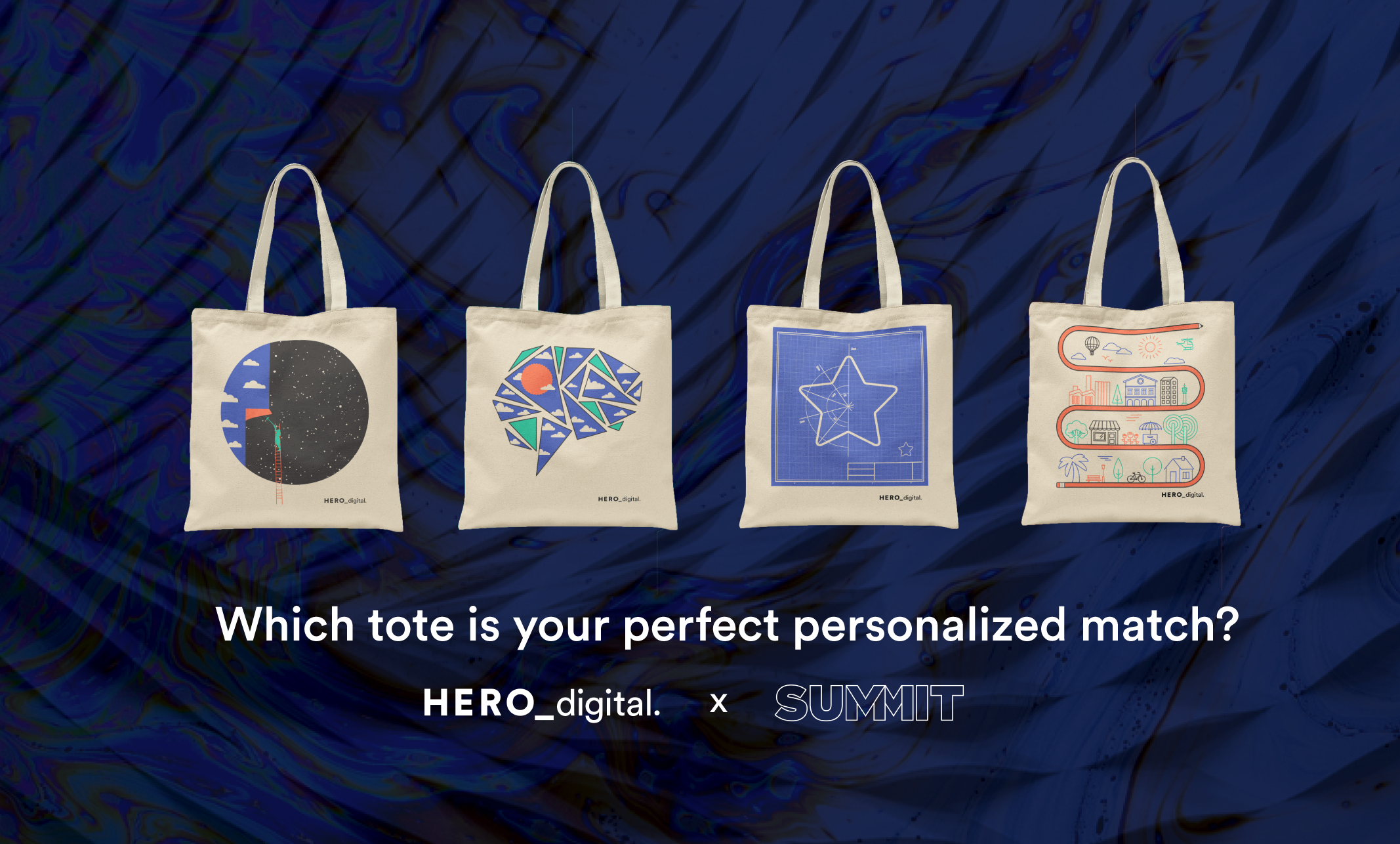 Four tote bags with Lil Tuffy designs and text "Which tote is your perfect personalized match?" with Hero Digital and Adobe Summit logos
