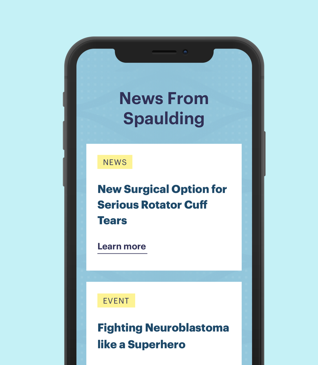 Mobile phone with the Spaulding news feed shown.