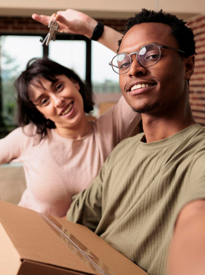 A man and woman smiling while holding up a box together.