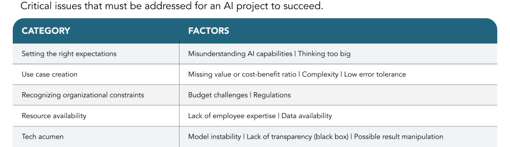 Chart of critical issuses that must be addressed for an AI project to succeed.