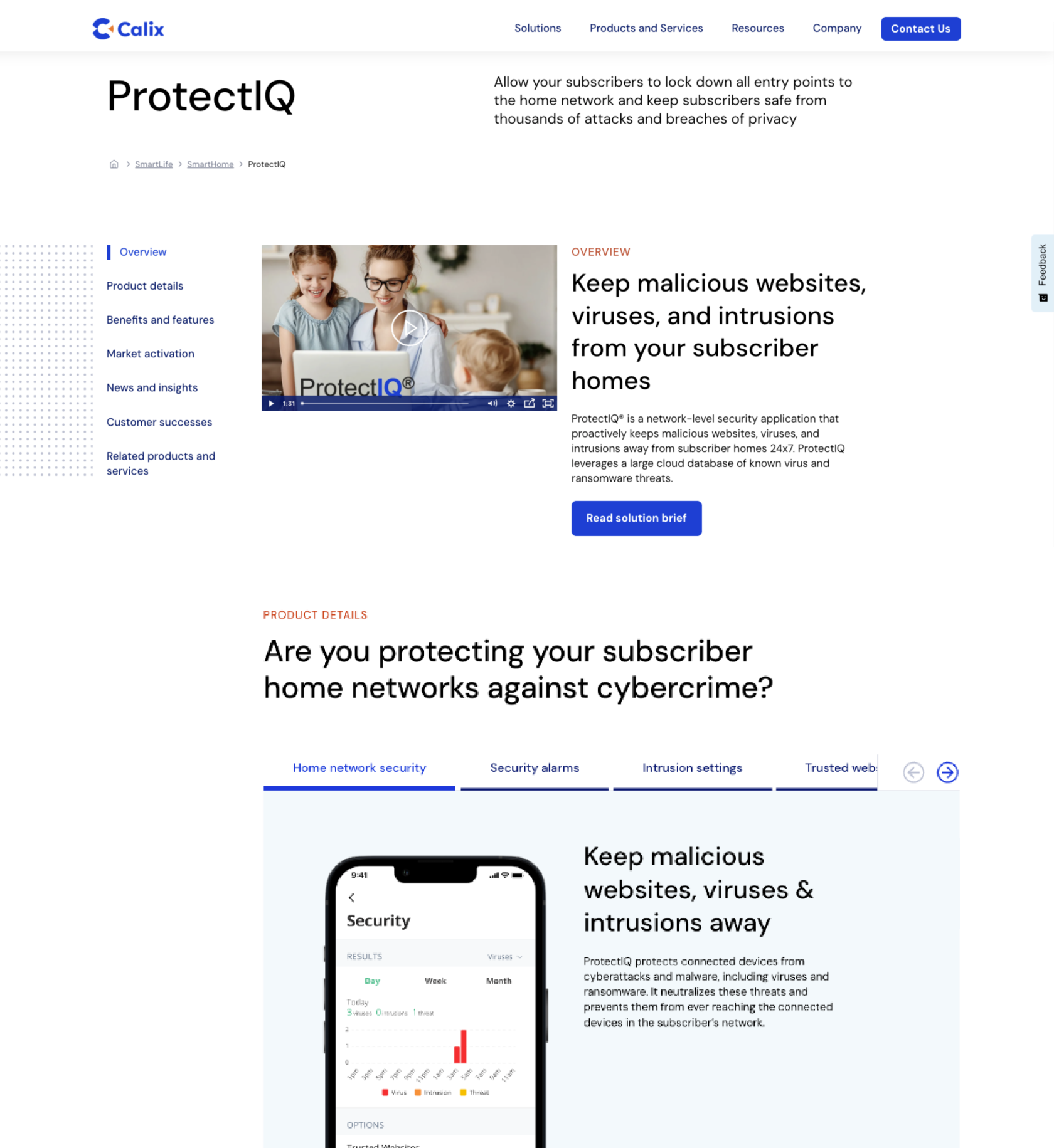 Screenshot of the ProtectIQ page from the Calix website.
