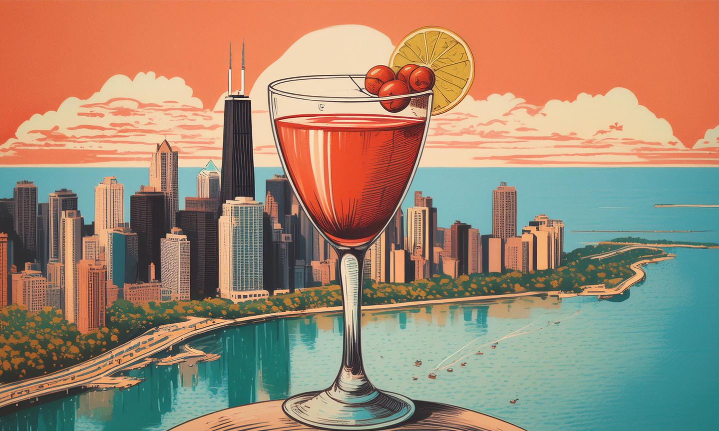 Cocktail glass over the city of chicago in the style of risograph printed